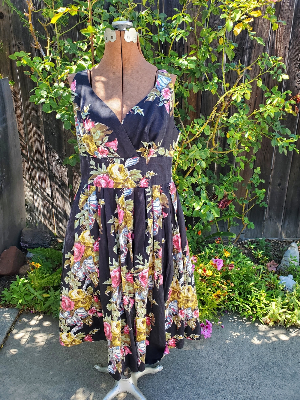 Sleeveless Floral Midi Dress in Black with Pink & Yellow Blooms